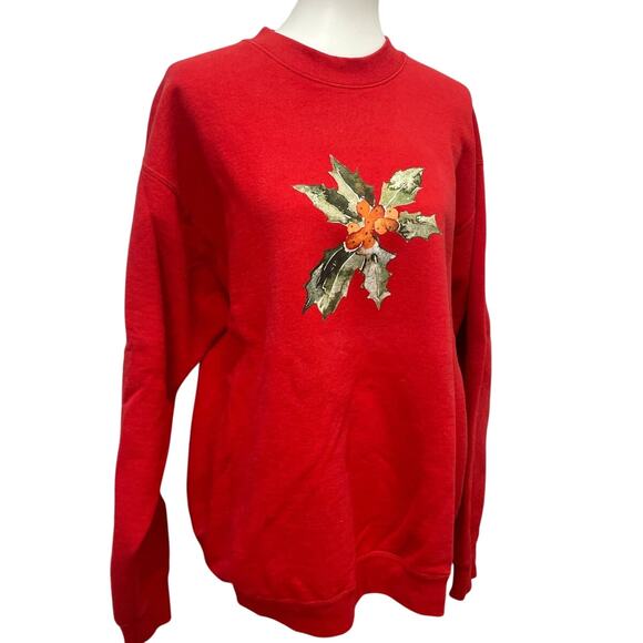 Hand Printed XL Upcycled Christmas Holly Leaves Berries Crew Neck Sweatshirt - Picture 1 of 7